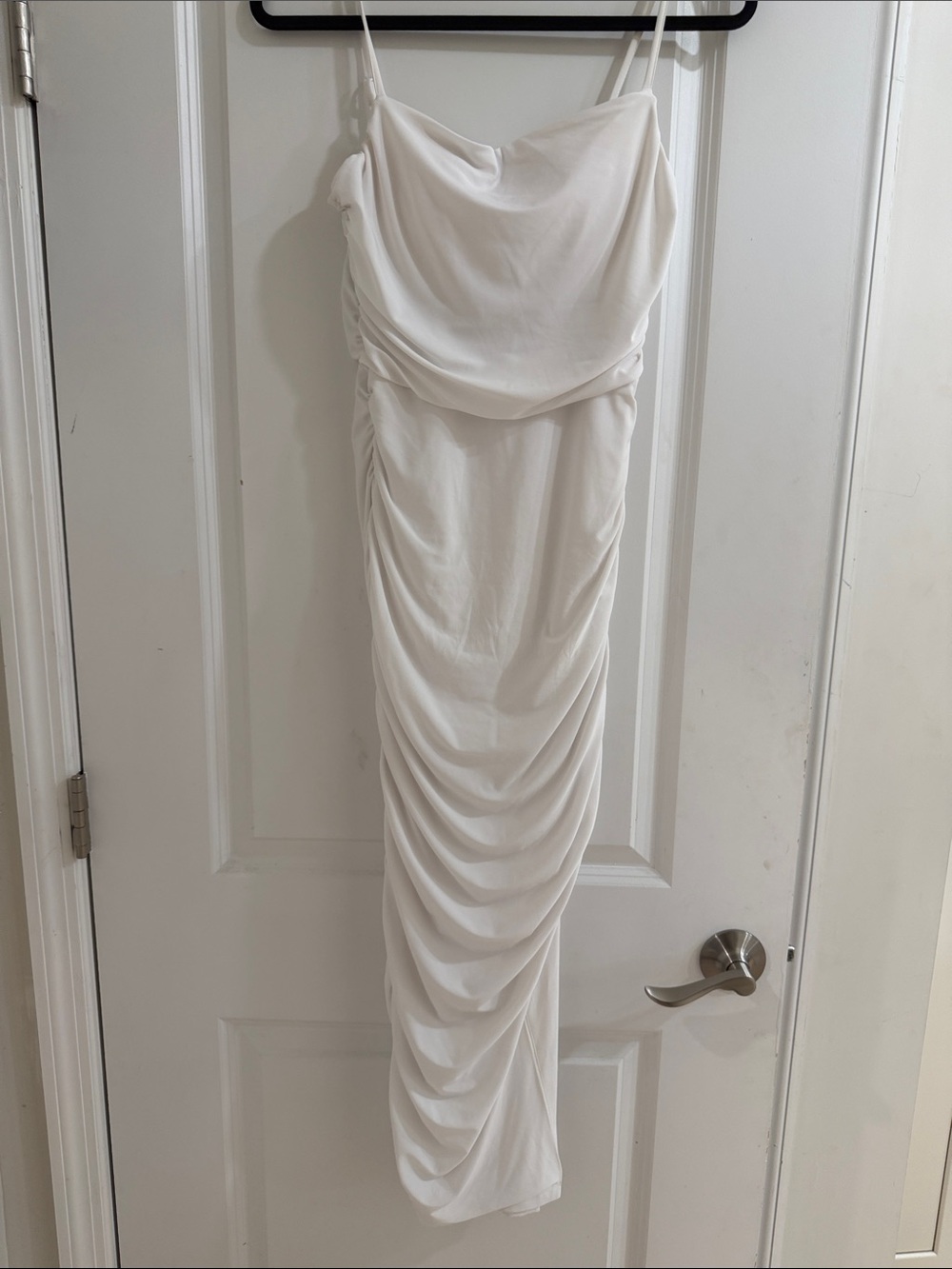 #6- $5 Express White Draped Cowl Midi Dress with Spaghetti Straps